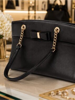 Mystique Black Vintage Shoulder Bag with Bow Gold Hardware 1990s